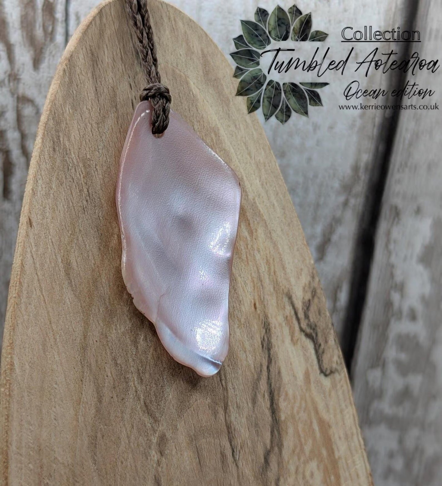 New Zealand pink fresh water mussel, natural tumbled pendant.