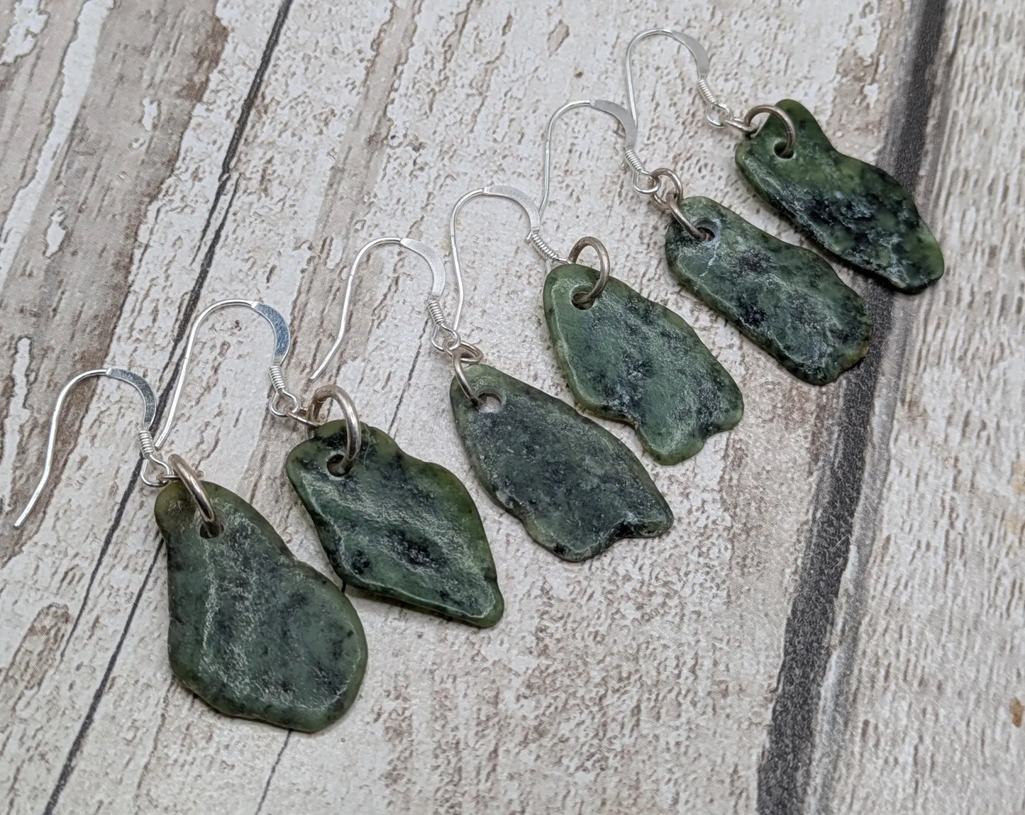 New Zealand pounamu Greenstone jade fish hook earrings.