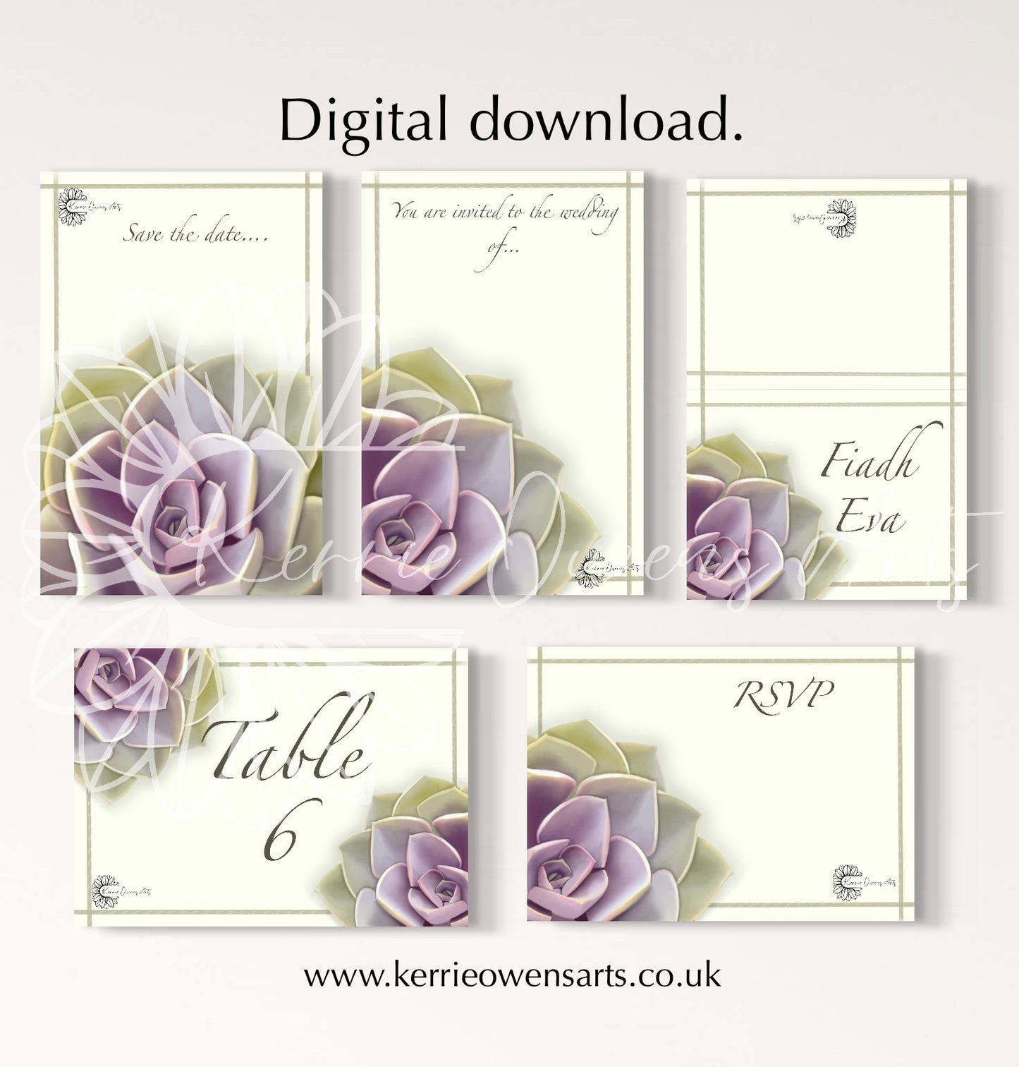 Green and purple succulent wedding/part stationary pack. Digital download.