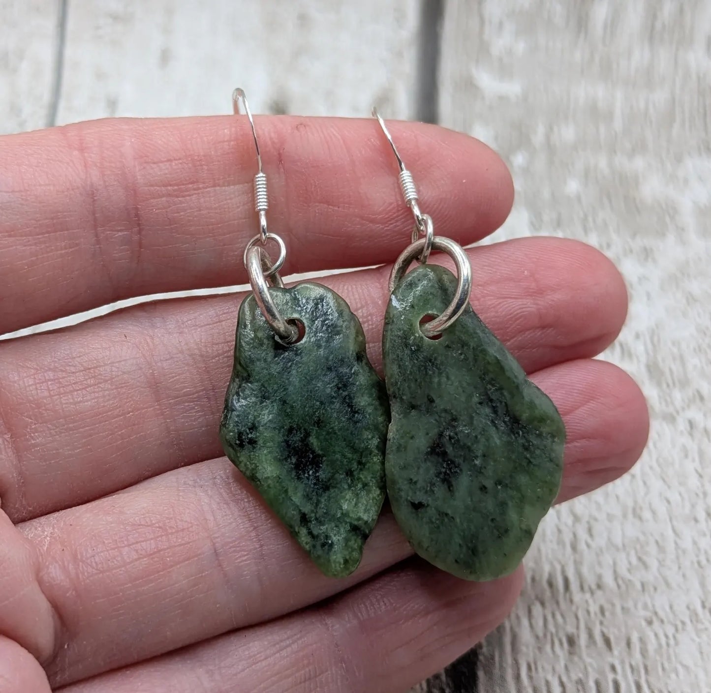 New Zealand pounamu Greenstone jade fish hook earrings.