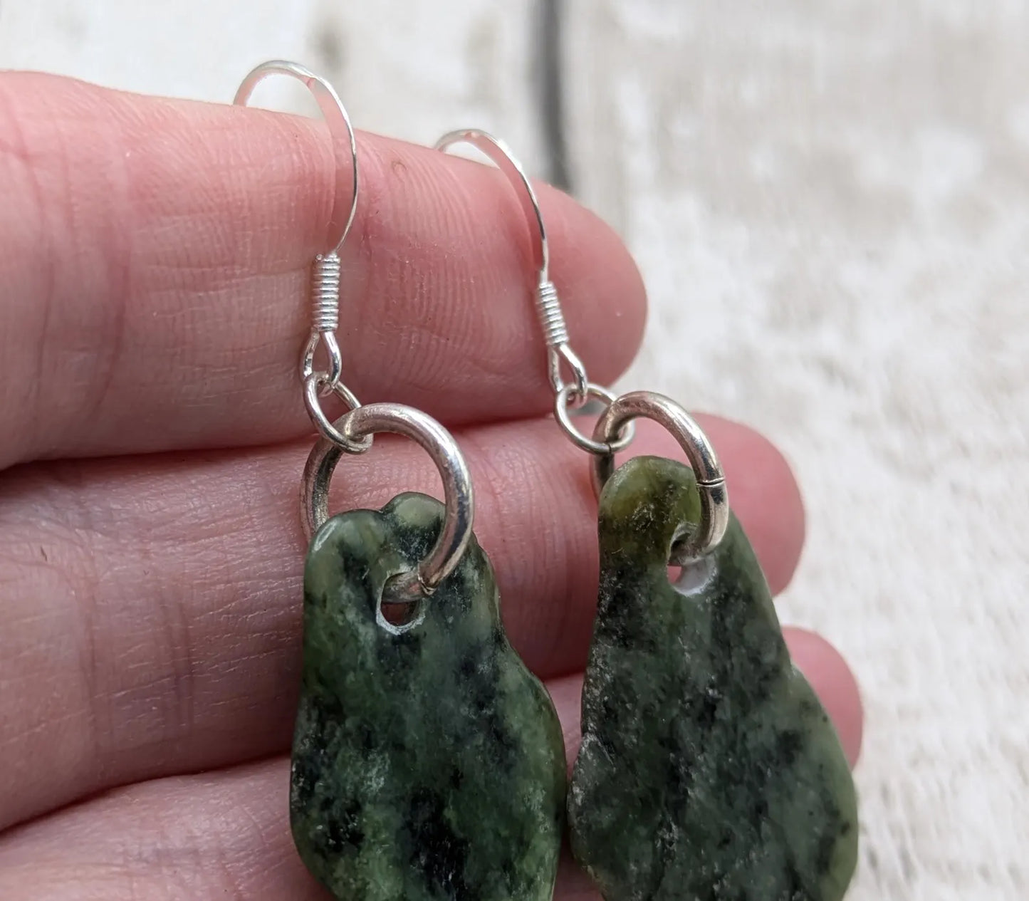 New Zealand pounamu Greenstone jade fish hook earrings.