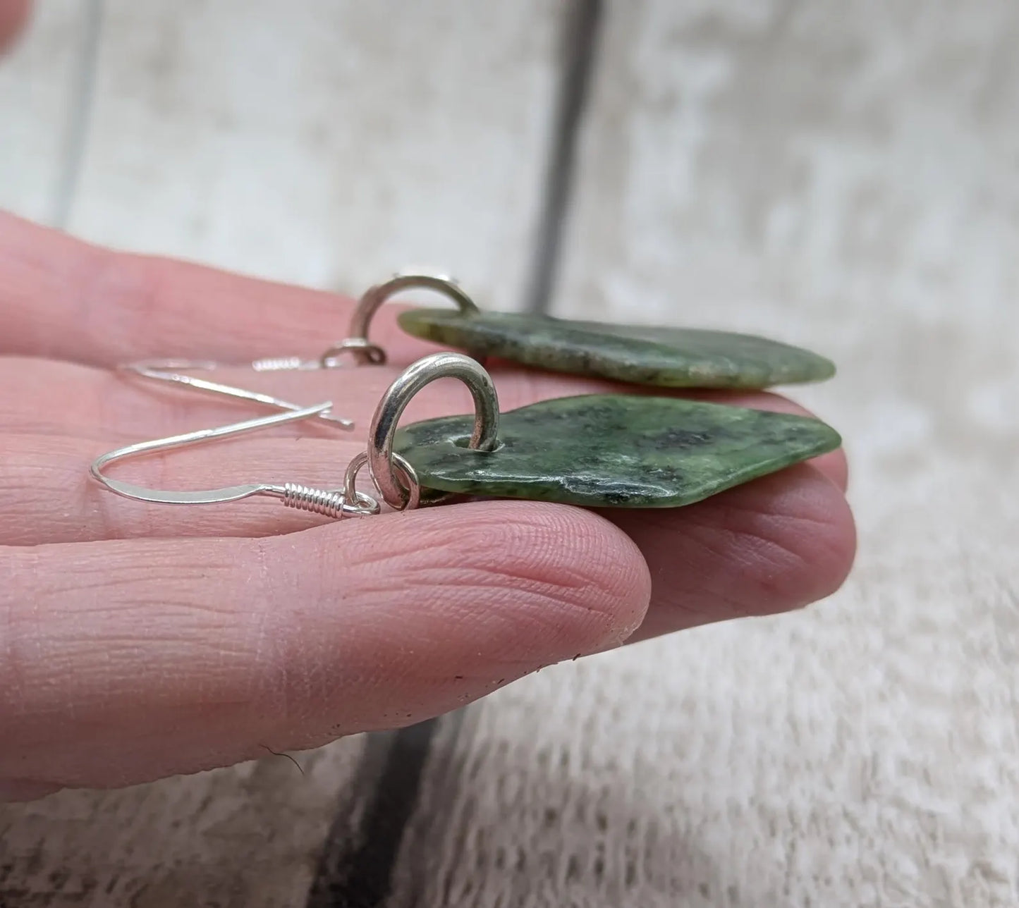 New Zealand pounamu Greenstone jade fish hook earrings.