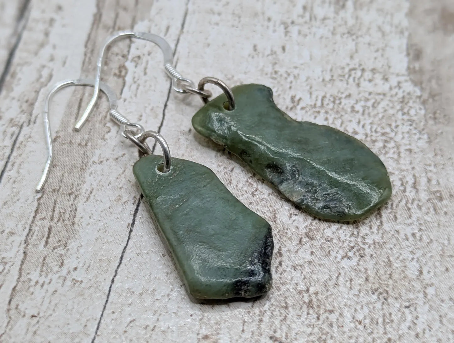 New Zealand pounamu Greenstone jade fish hook earrings, fish hook findings.