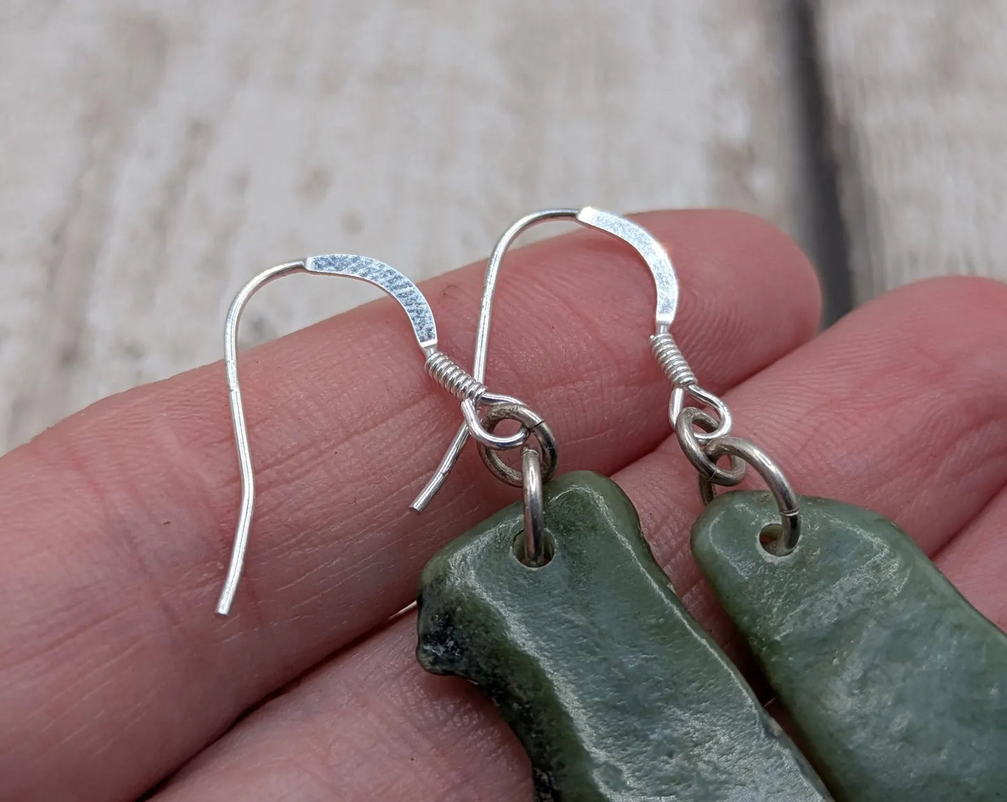 New Zealand pounamu Greenstone jade fish hook earrings, fish hook findings.