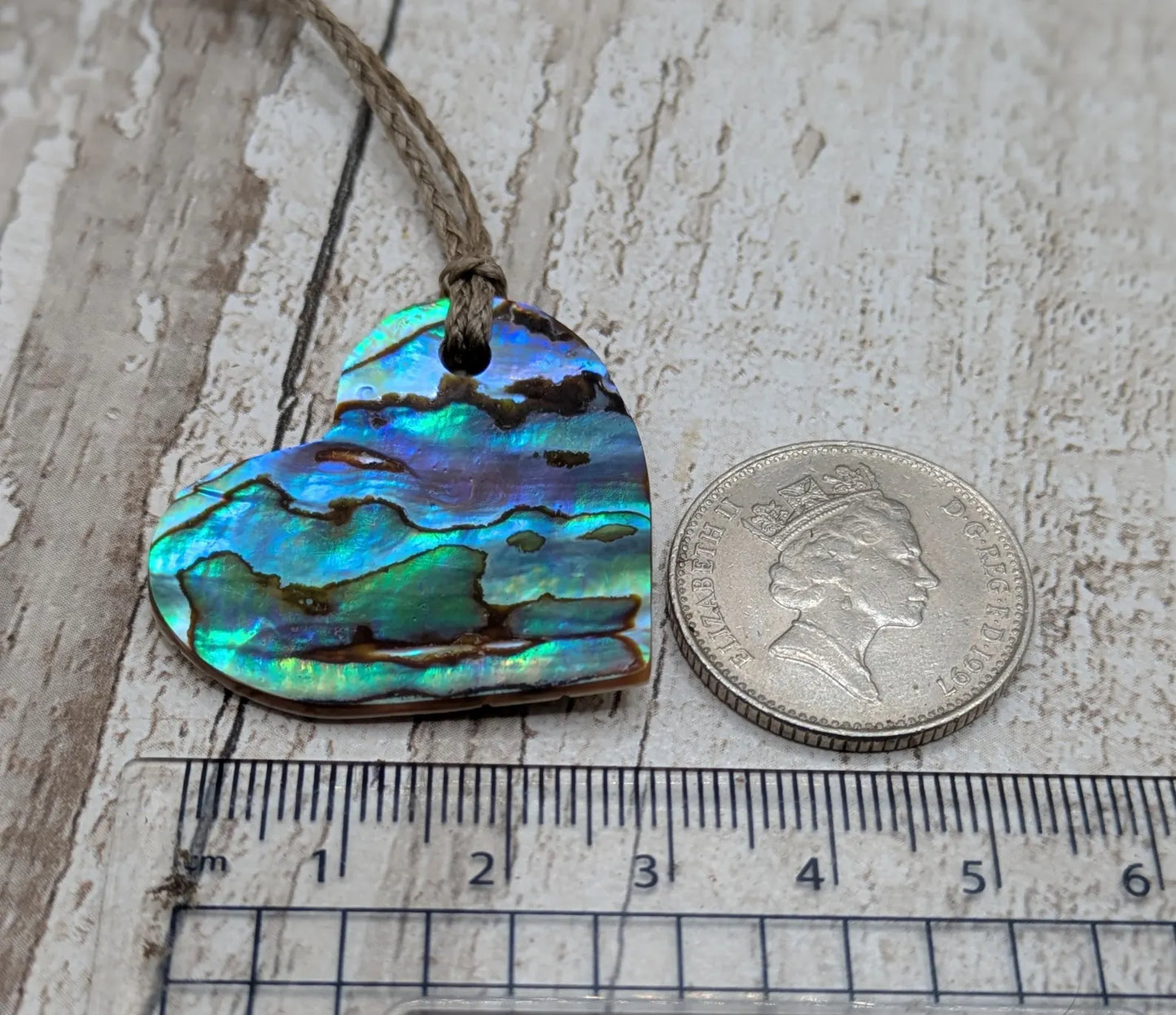 New Zealand Rainbow Pāua Heart Pendant – sea ocean themed love Tonga, Iridescent Abalone Necklace on Adjustable Waxed Cord.