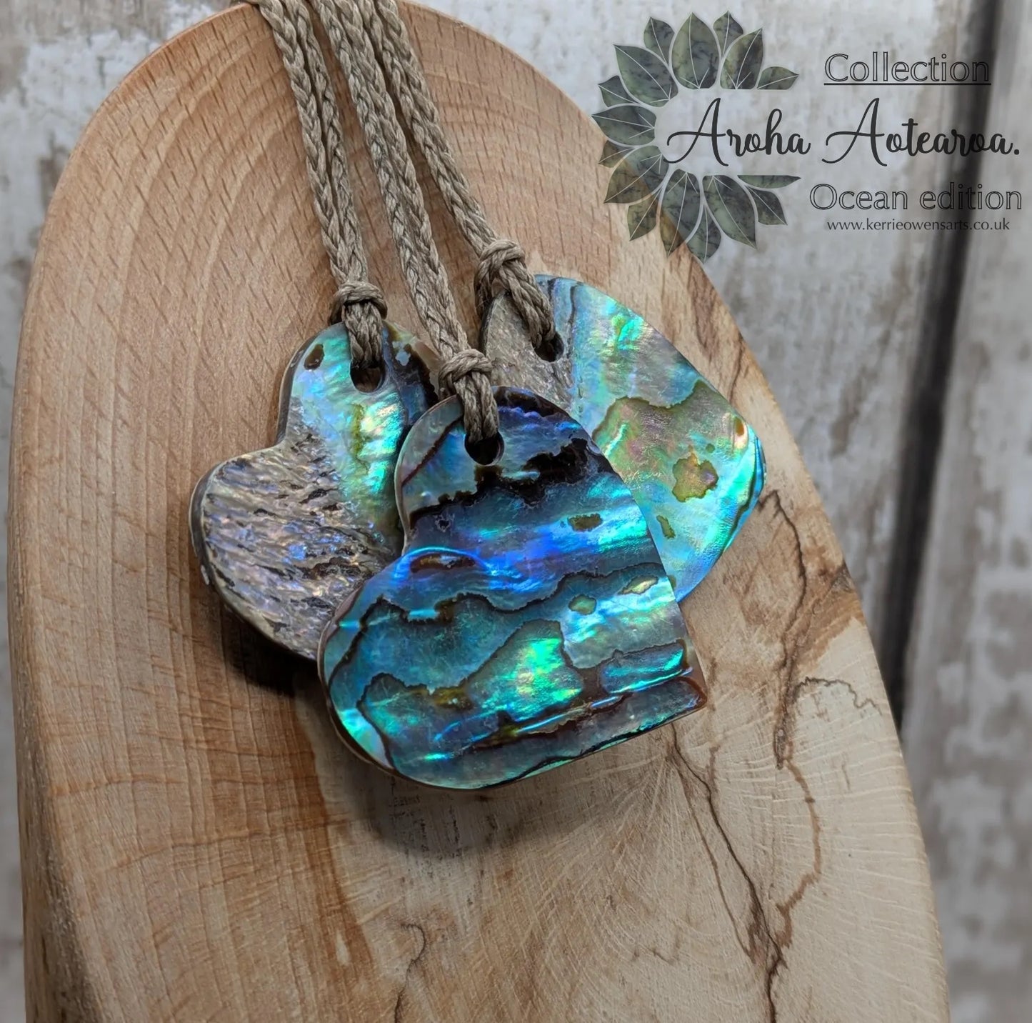 New Zealand Rainbow Pāua Heart Pendant – sea ocean themed love Tonga, Iridescent Abalone Necklace on Adjustable Waxed Cord.
