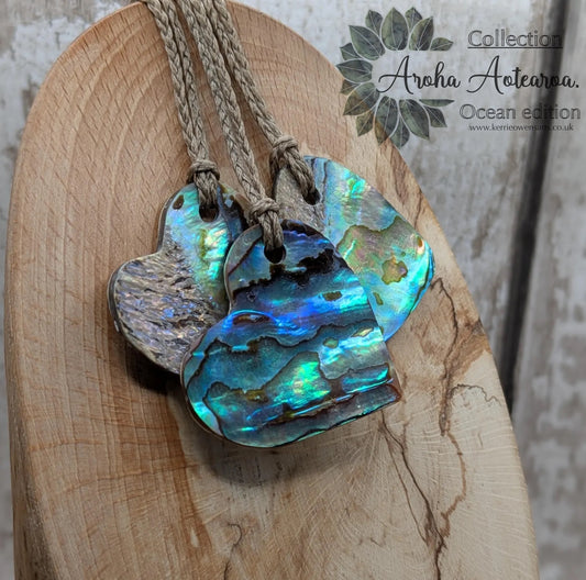 New Zealand Rainbow Pāua Heart Pendant – sea ocean themed love Tonga, Iridescent Abalone Necklace on Adjustable Waxed Cord.