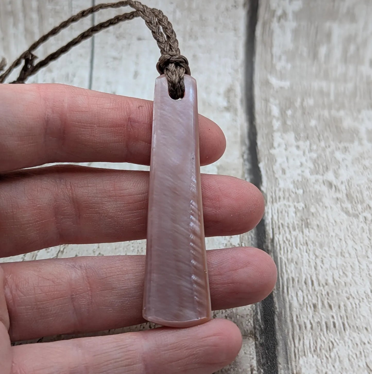 New Zealand pink freshwater mussel shell roimata pendant.