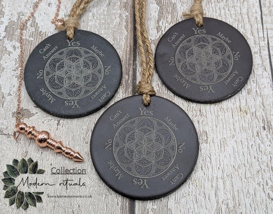 Welsh slate pocket pendulum board with geometric design.