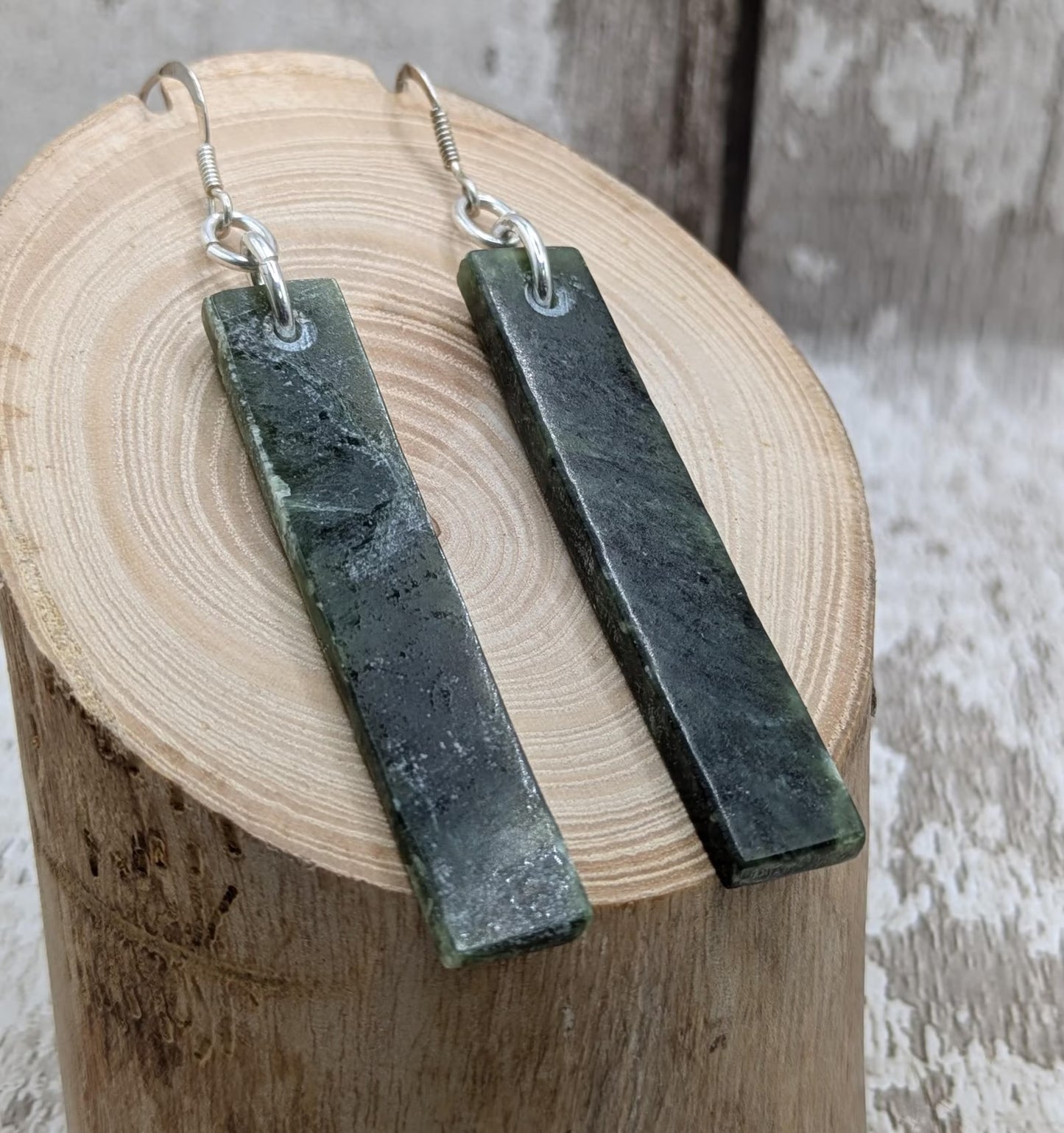 New Zealand Greenstone, nephrite jade rectangular drop earrings.
