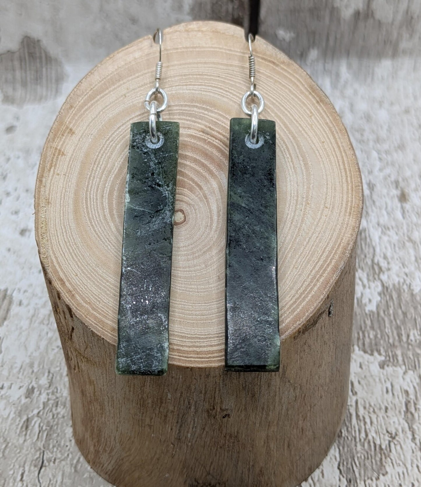 New Zealand Greenstone, nephrite jade rectangular drop earrings.