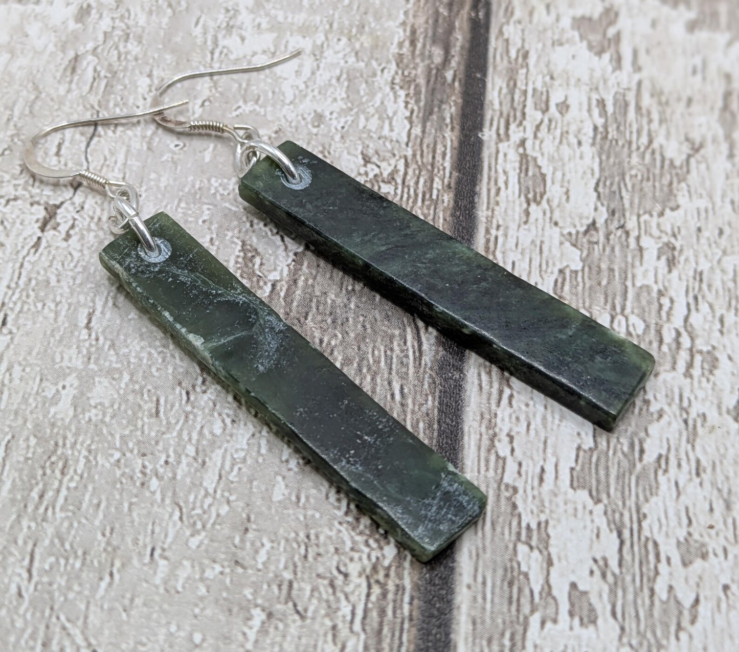 New Zealand Greenstone, nephrite jade rectangular drop earrings.