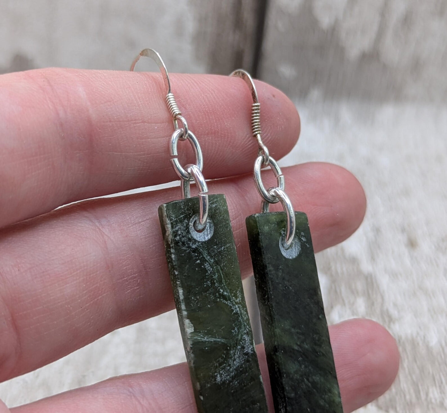New Zealand Greenstone, nephrite jade rectangular drop earrings.