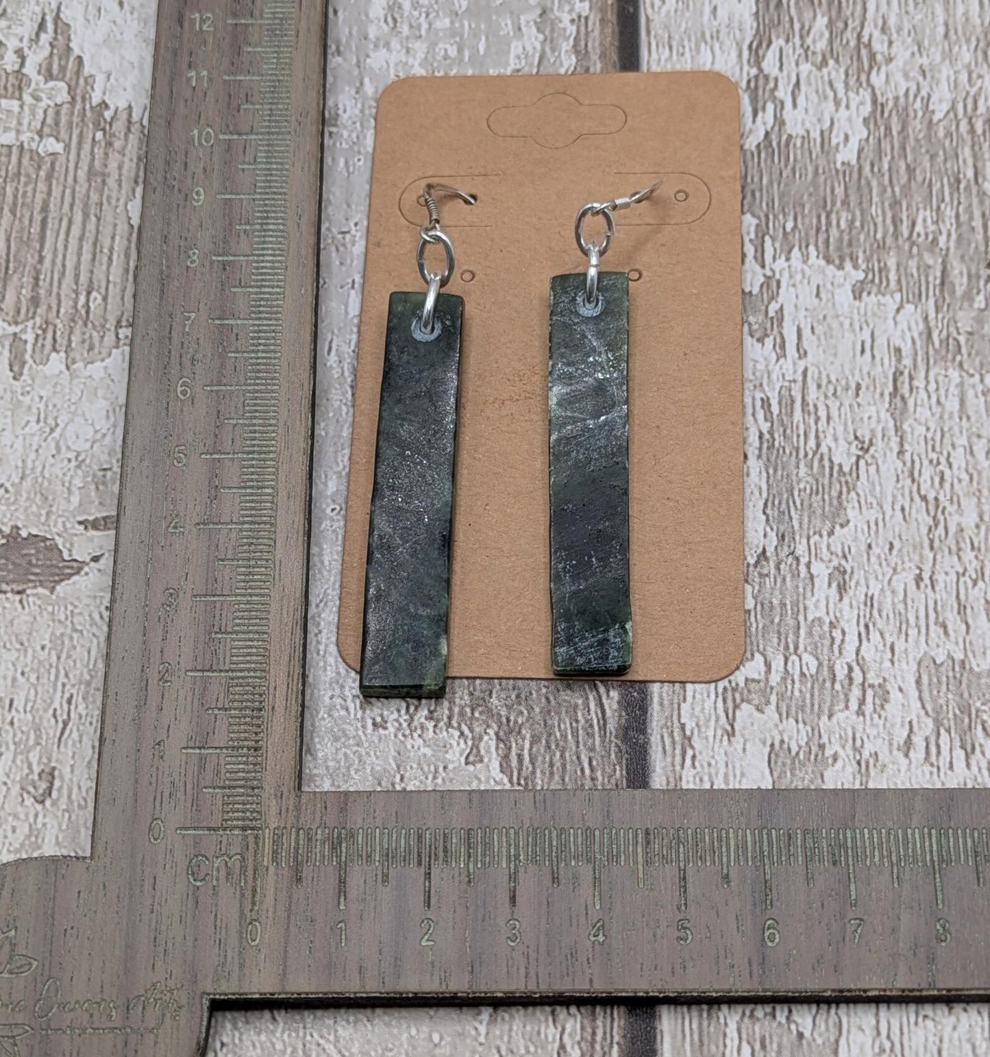 New Zealand Greenstone, nephrite jade rectangular drop earrings.