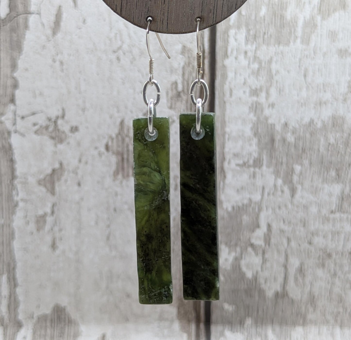 New Zealand Greenstone, nephrite jade rectangular drop earrings.