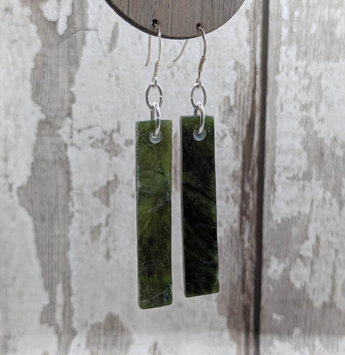 New Zealand Greenstone, nephrite jade rectangular drop earrings.
