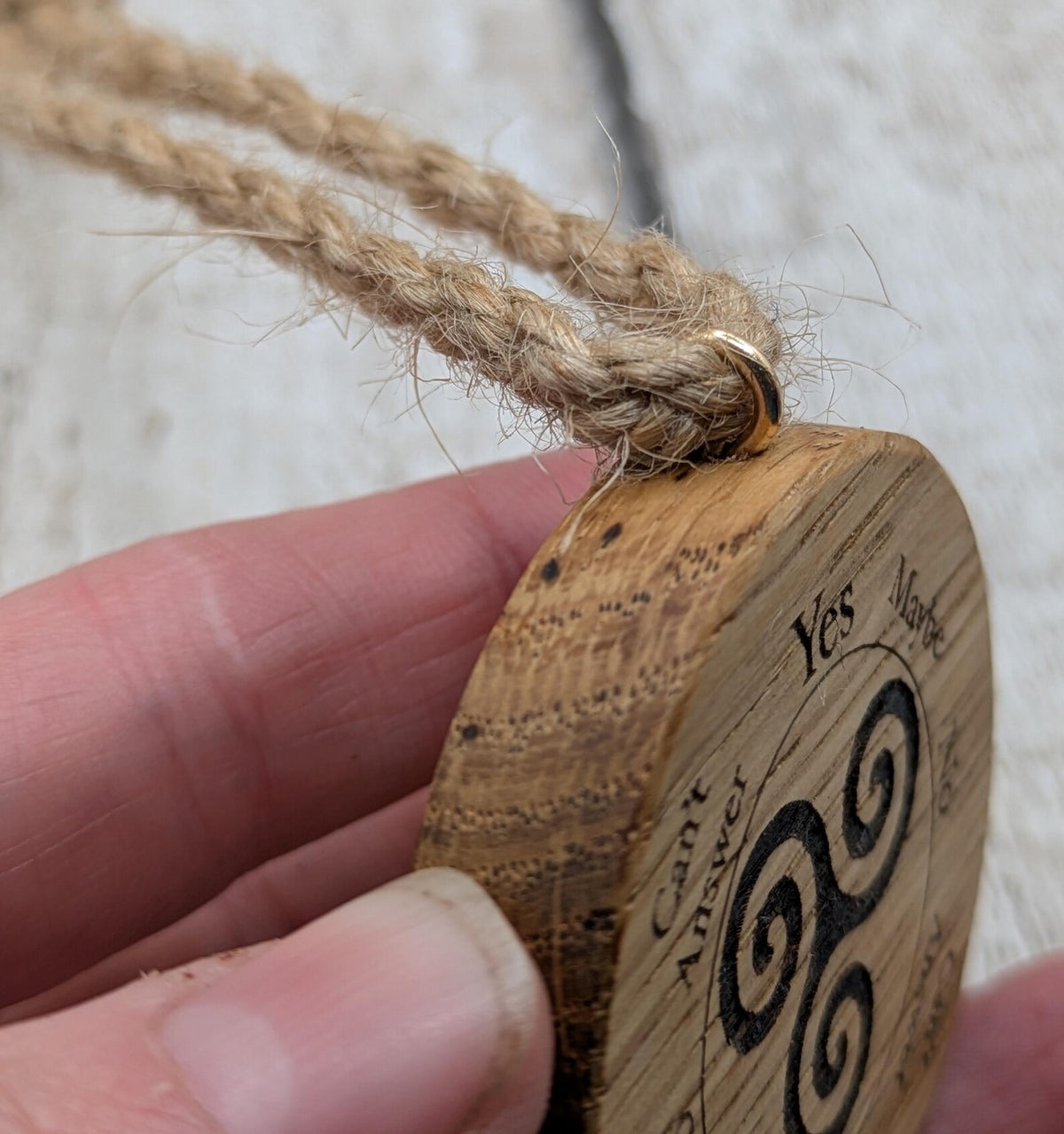 Oak wood mini pocket pendulum boards with triskele design.