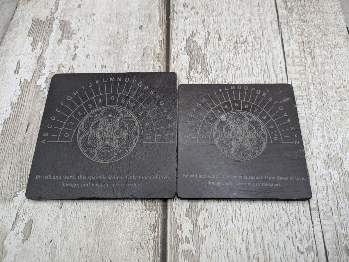 Welsh slate pendulum dowsing board with geometric print.