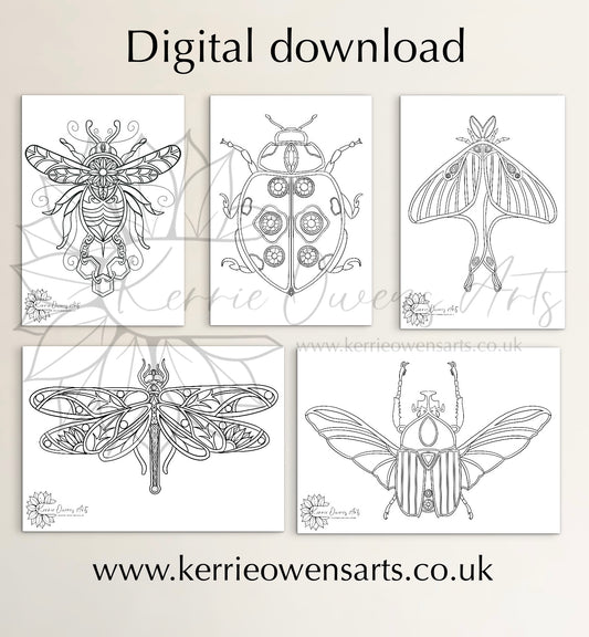 Collection of bejewelled bugs colouring in pages.