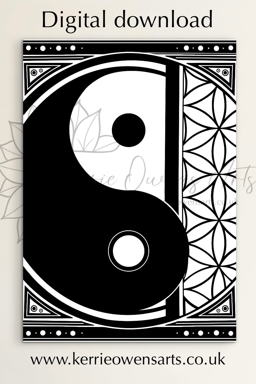 Yin yang flower of life colouring book page, digital download.