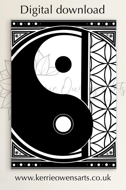 Yin yang flower of life colouring book page, digital download.