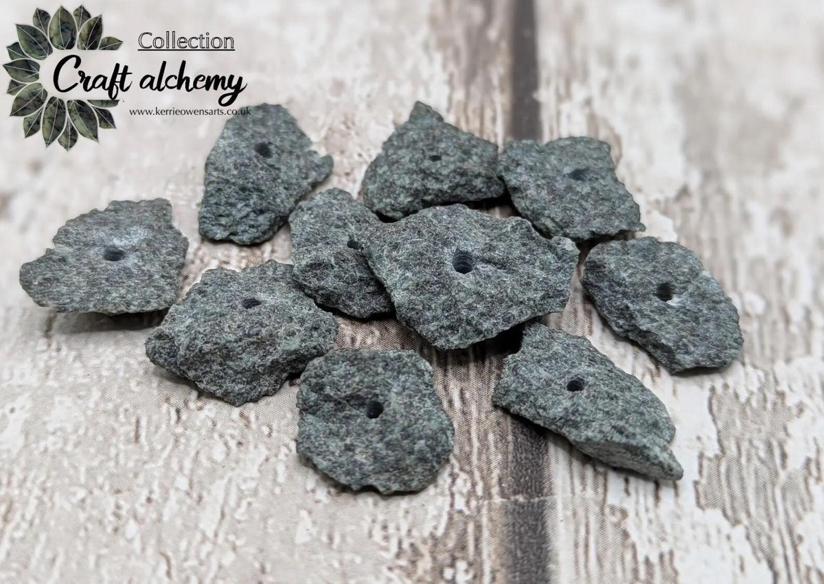 Preseli bluestone centre drilled raw chip beads.