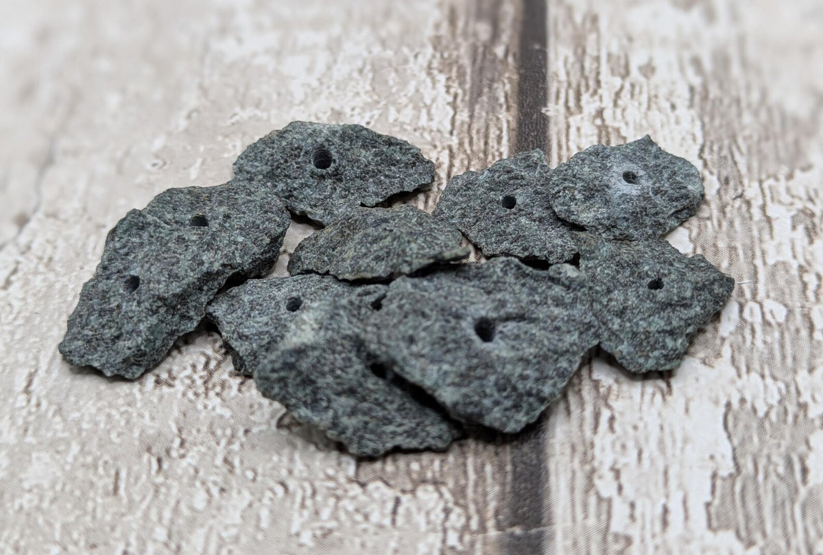 Preseli bluestone centre drilled raw chip beads.