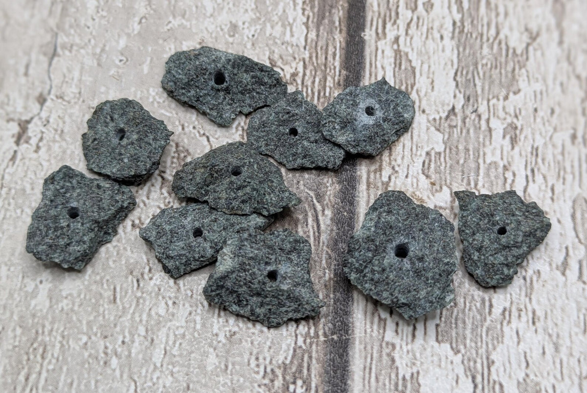 Preseli bluestone centre drilled raw chip beads.