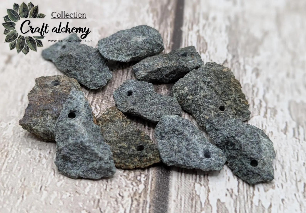 Preselli bluestone top drilled raw chip beads.