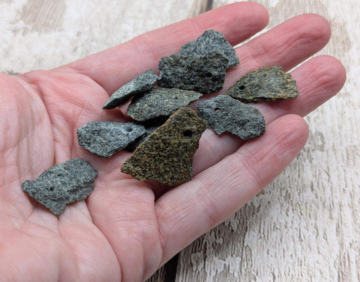 Preselli bluestone top drilled raw chip beads.