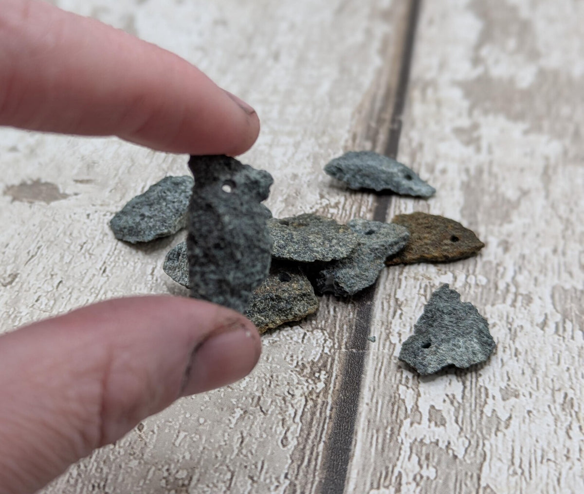 Preselli bluestone top drilled raw chip beads.