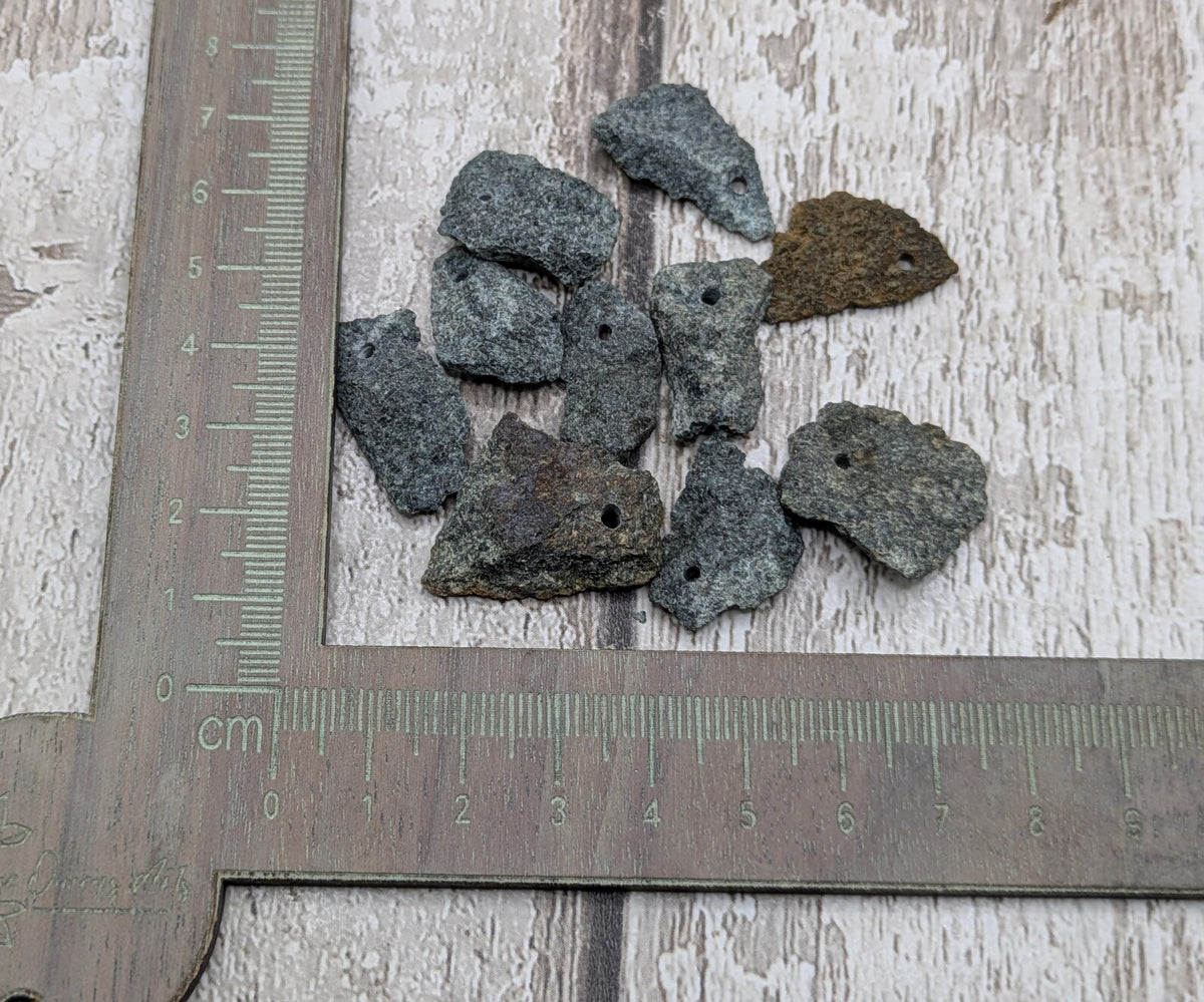 Preselli bluestone top drilled raw chip beads.