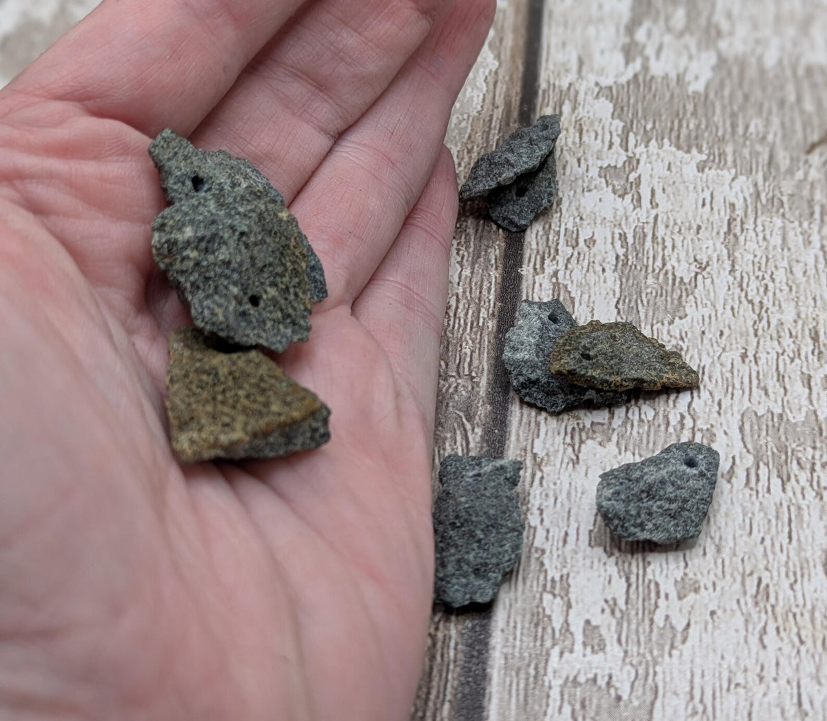 Preselli bluestone top drilled raw chip beads.