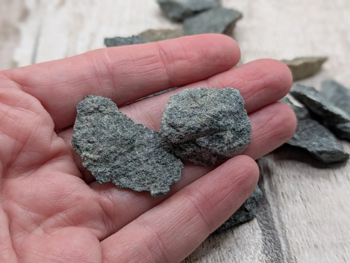 Single raw chunk of preseli bluestone mineral.