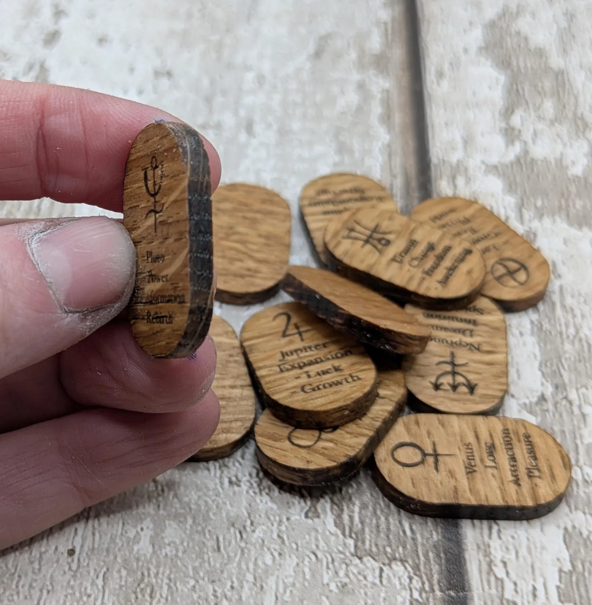 Oak wood beginner planetary oracle tiles.