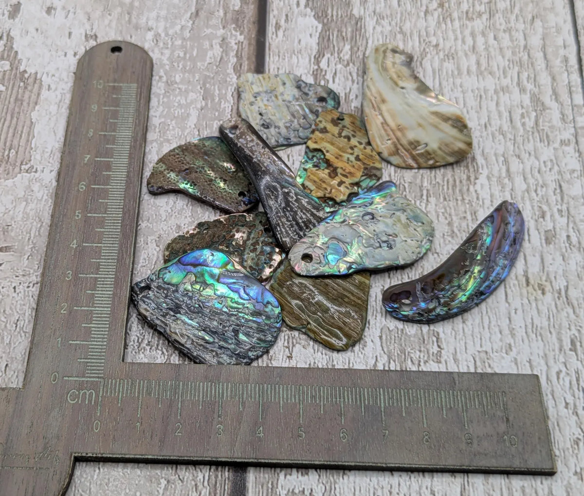 New Zealand rainbow pāua shell drilled beads.