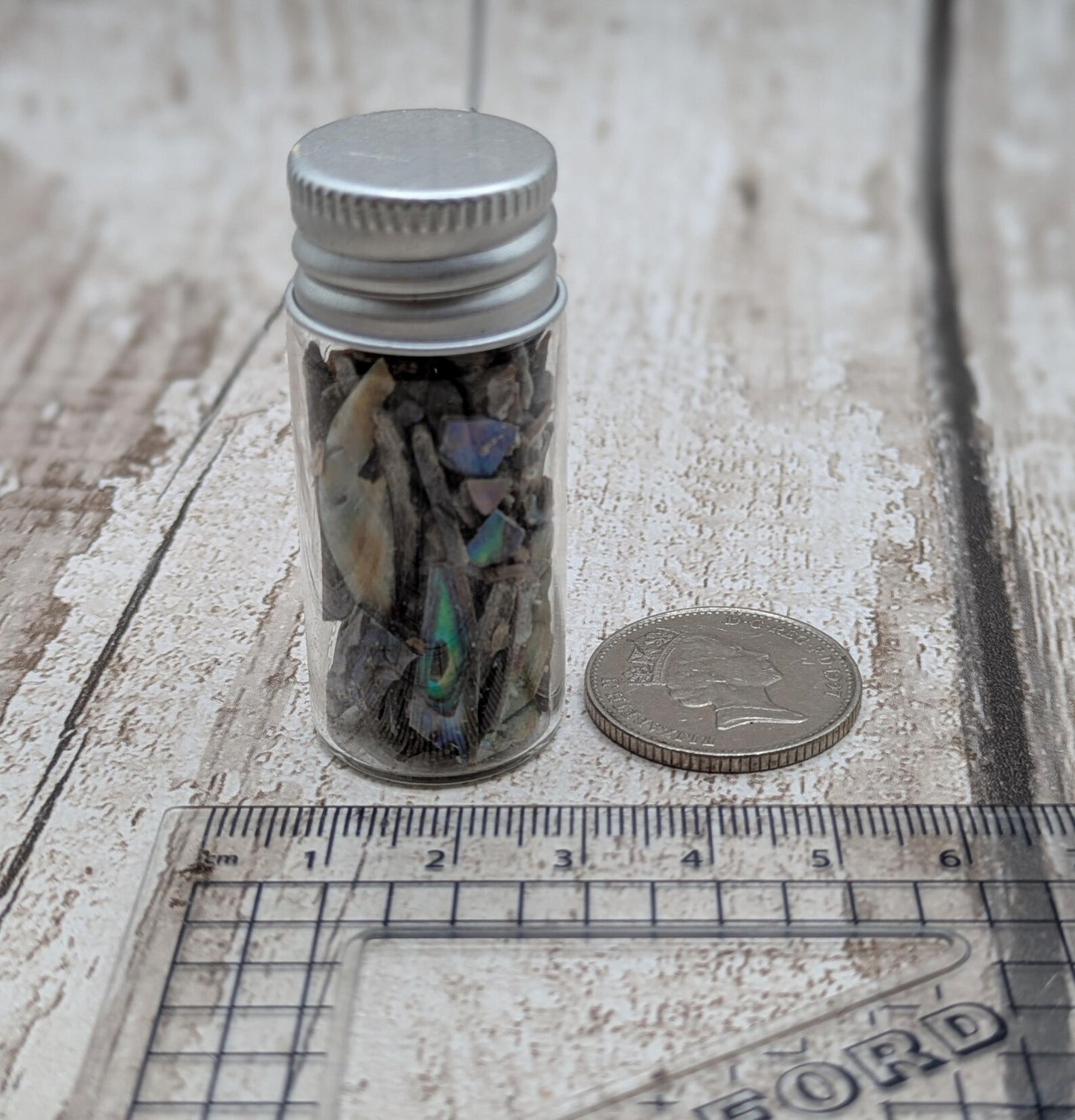 One bottle of New Zealand rainbow Pāua abalone offcuts.