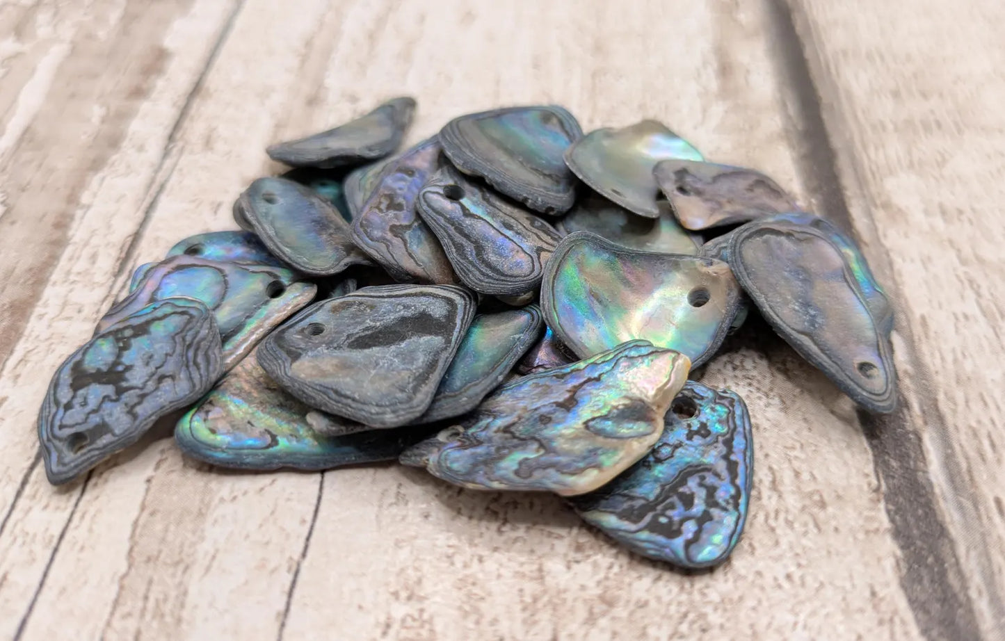20 New Zealand wild rainbow Pāua satin finish abalone beads.