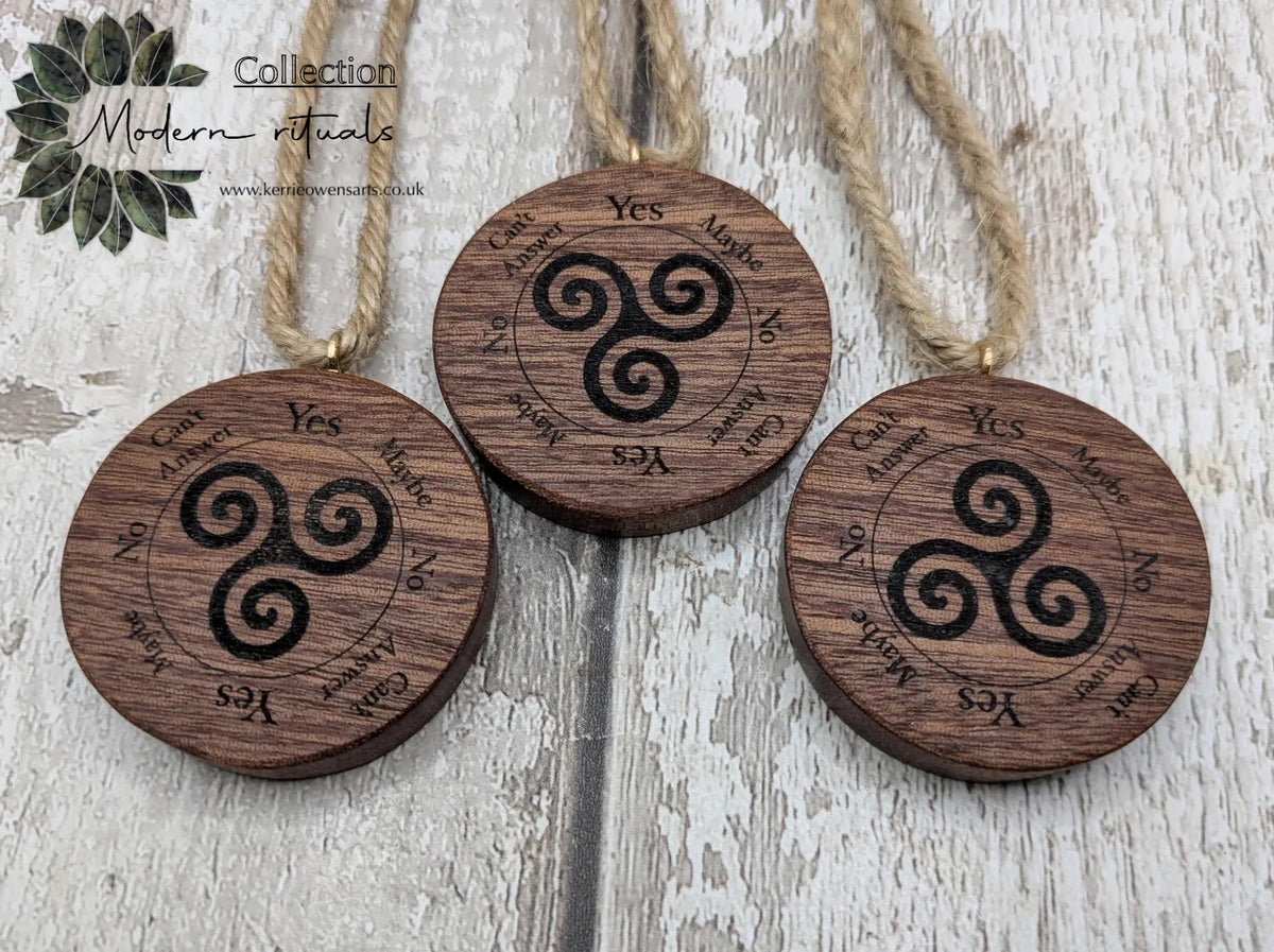Sepele mahogany mini pocket sized pendulum boards with triskele design.