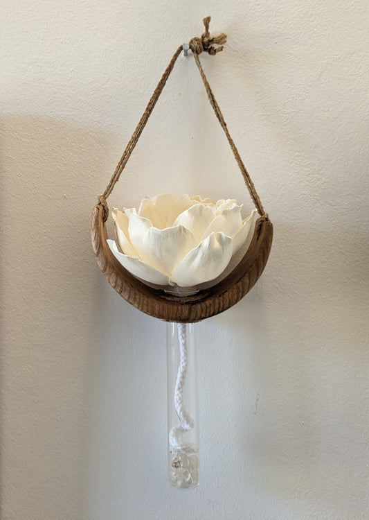 Recycled wooden carved hanging Reed diffuser with sola flower.