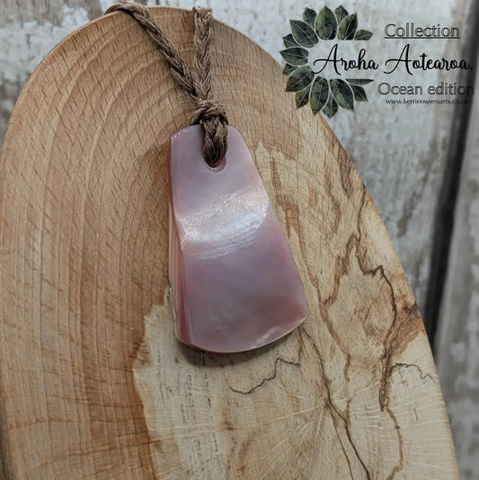 Newzealand freshwater pink mussel shell toki style trapezoid pendant.