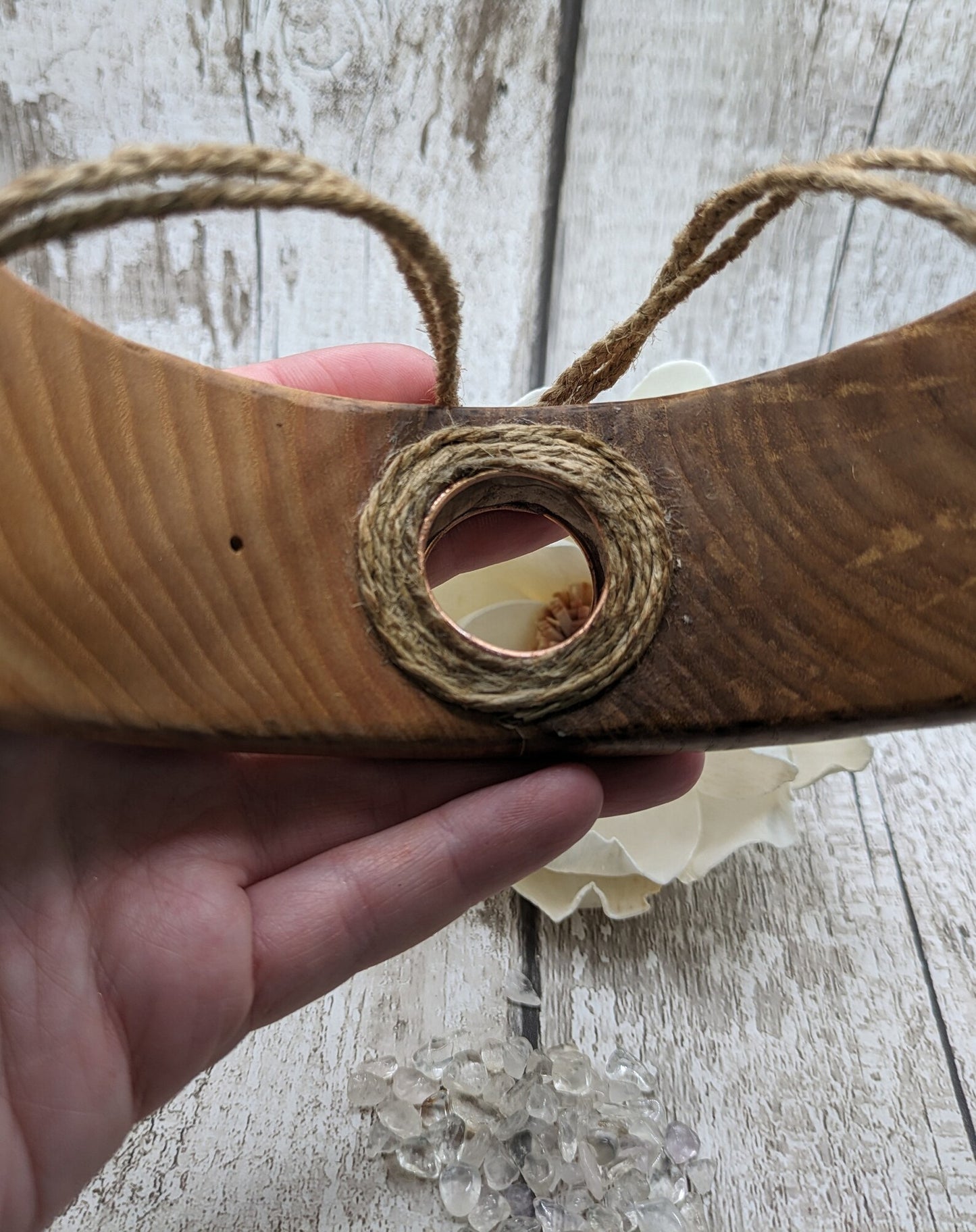 Recycled wooden carved hanging Reed diffuser with sola flower.