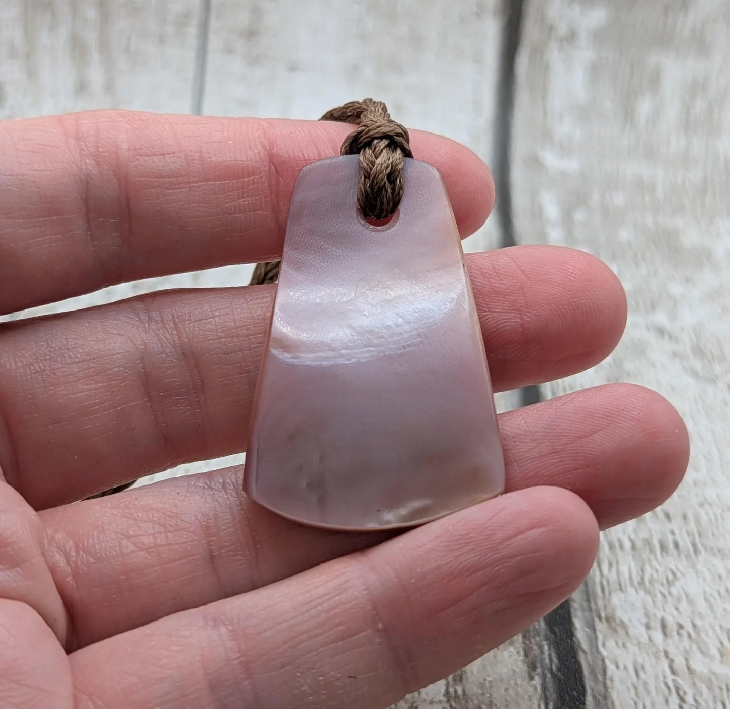 Newzealand freshwater pink mussel shell toki style trapezoid pendant.