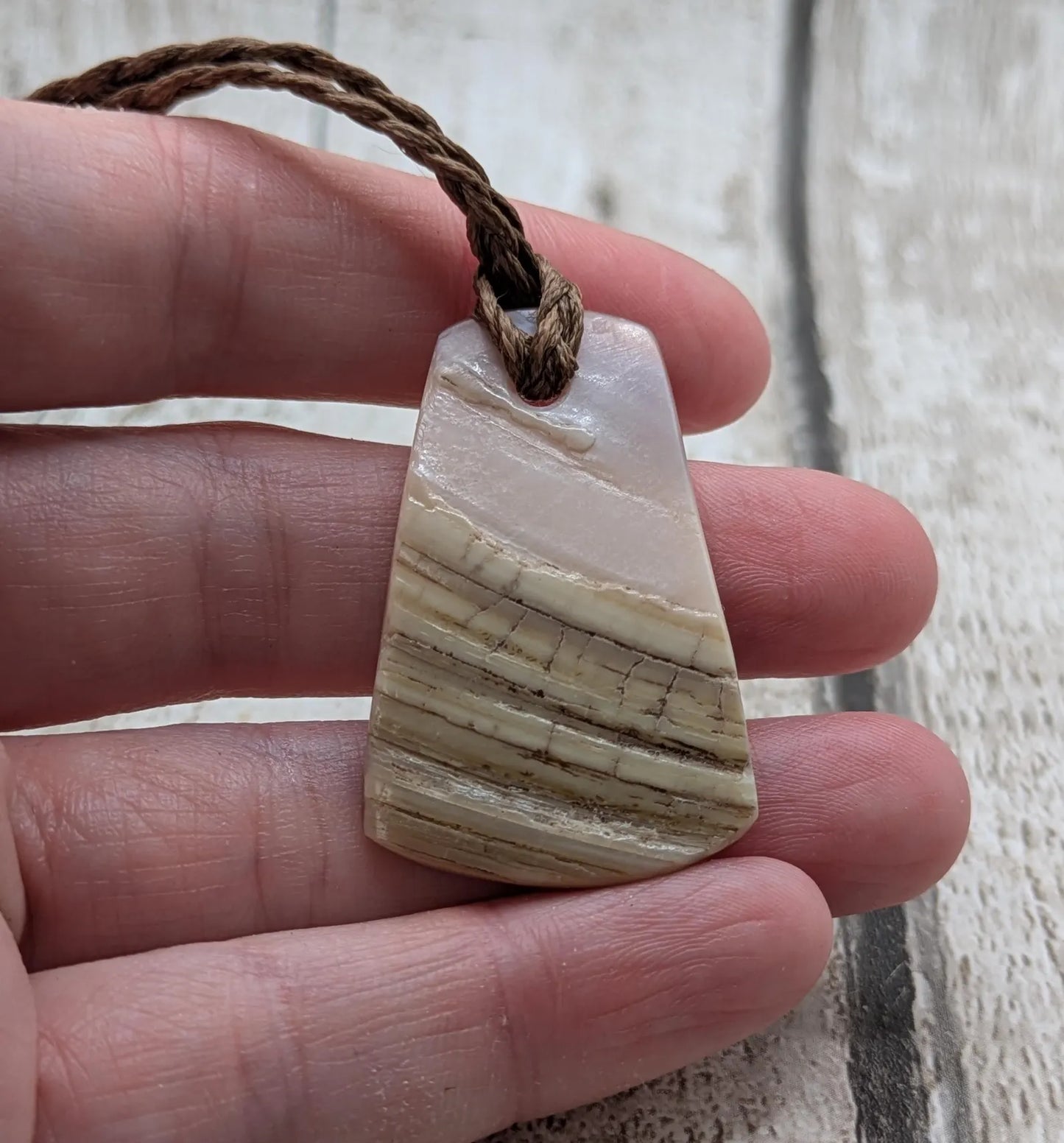 Newzealand freshwater pink mussel shell toki style trapezoid pendant.