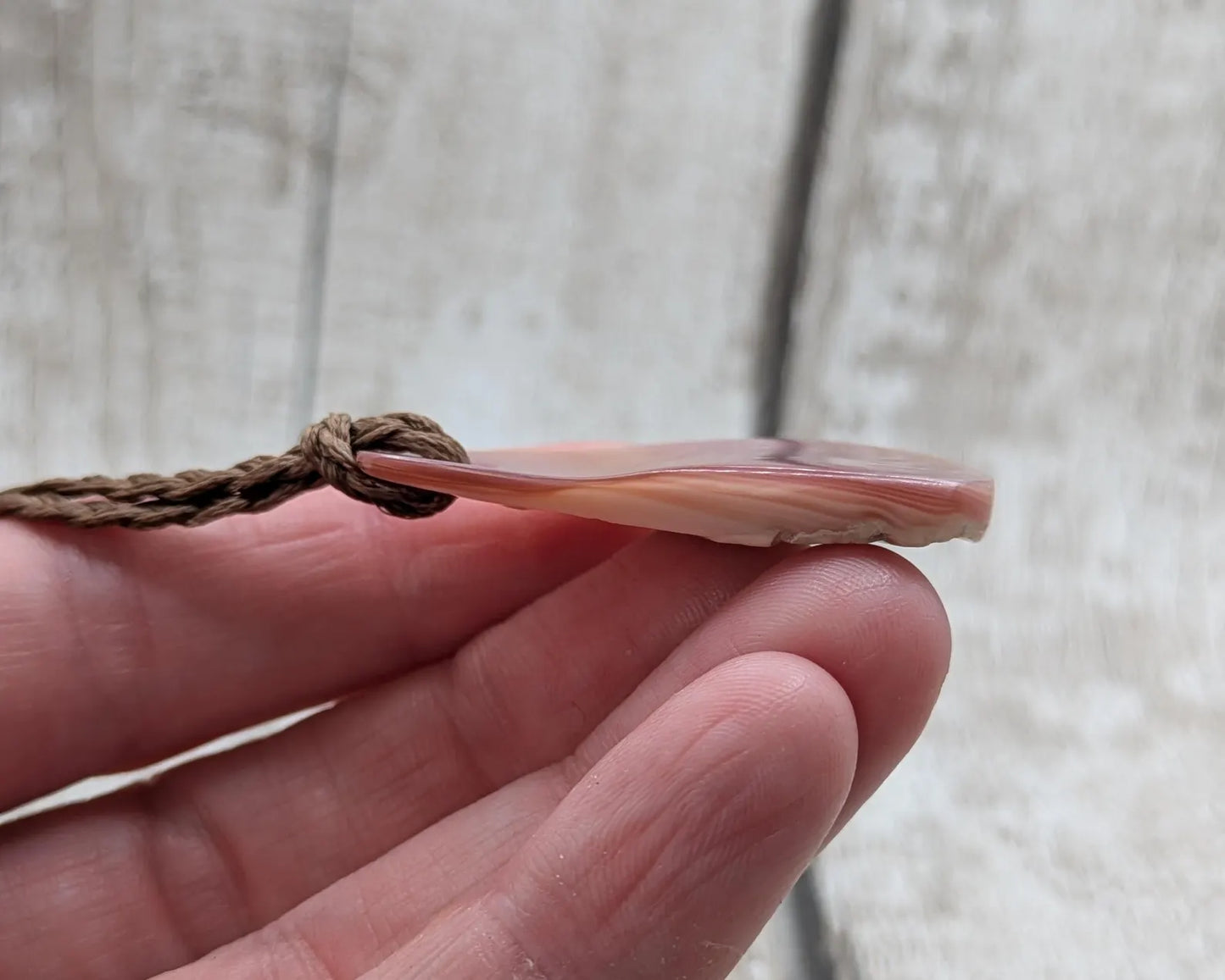 Newzealand freshwater pink mussel shell toki style trapezoid pendant.
