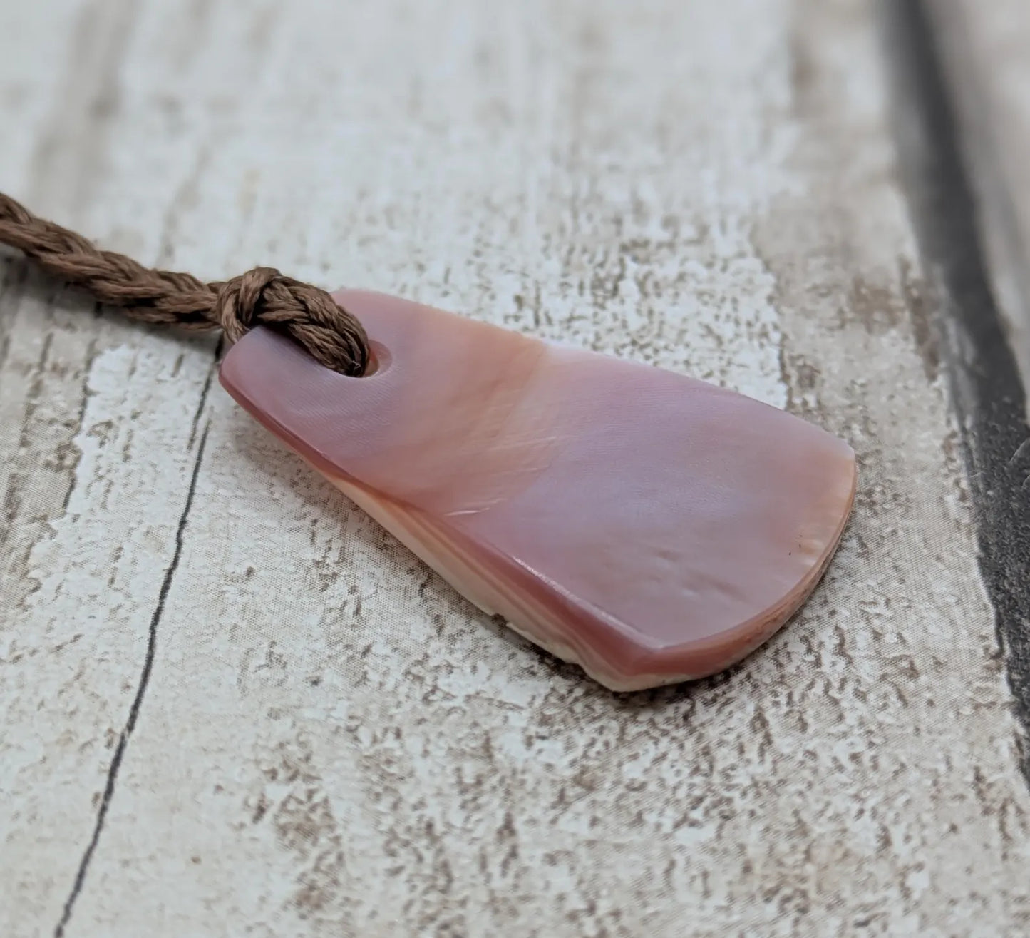 Newzealand freshwater pink mussel shell toki style trapezoid pendant.