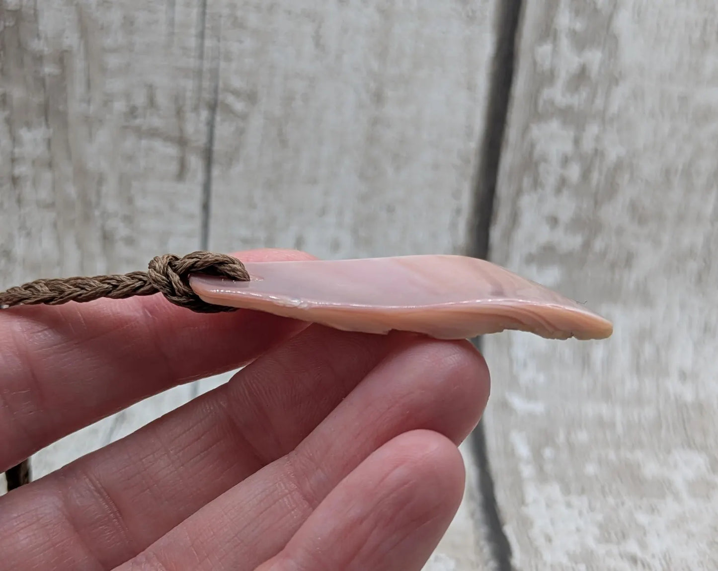 New Zealand pink freshwater mussel Toki style pendant.