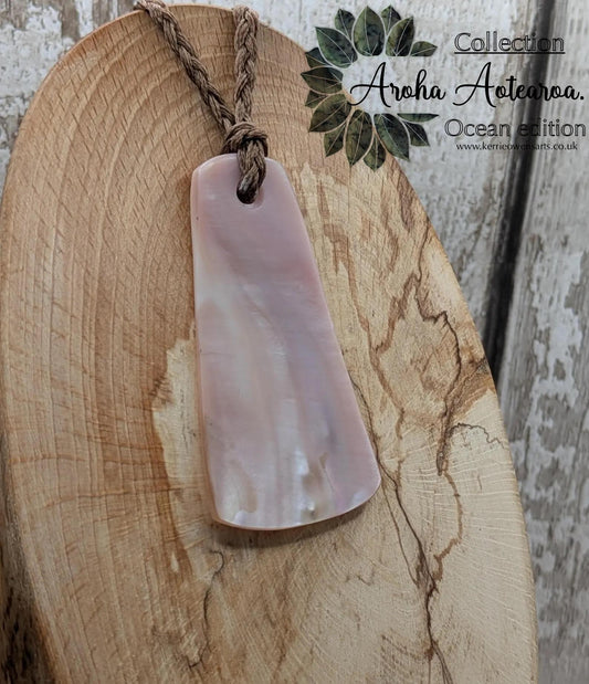 New Zealand Fresh water pink mussel shell roimata styled pendant.
