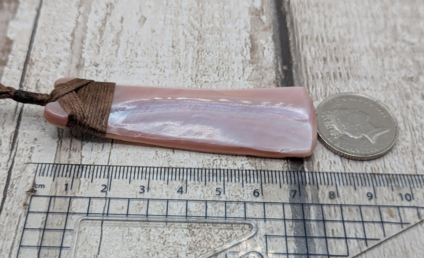 New Zealand freshwater pink mussel shell Hei Toki adze pendant.