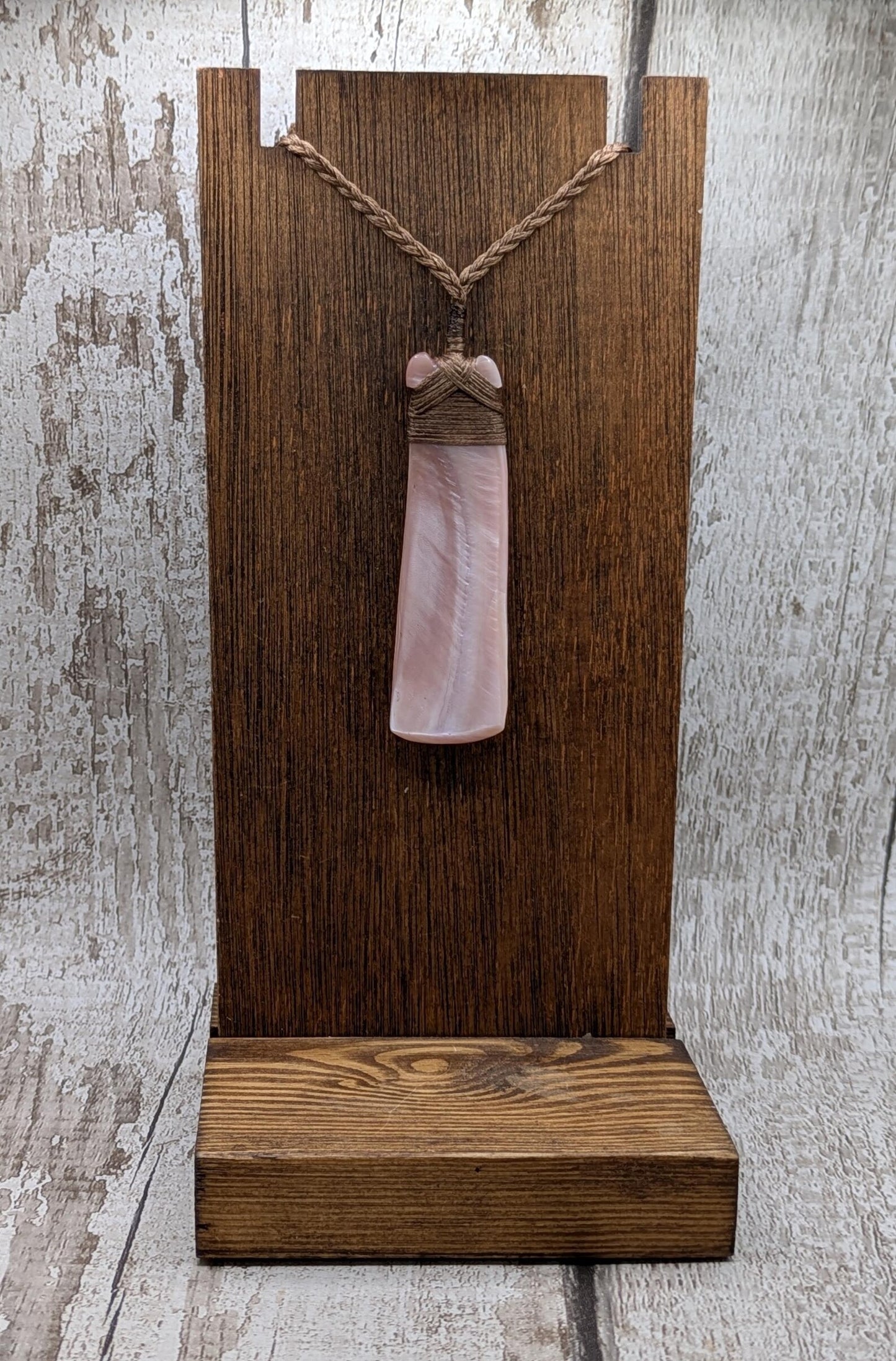 New Zealand freshwater pink mussel shell Hei Toki adze pendant.